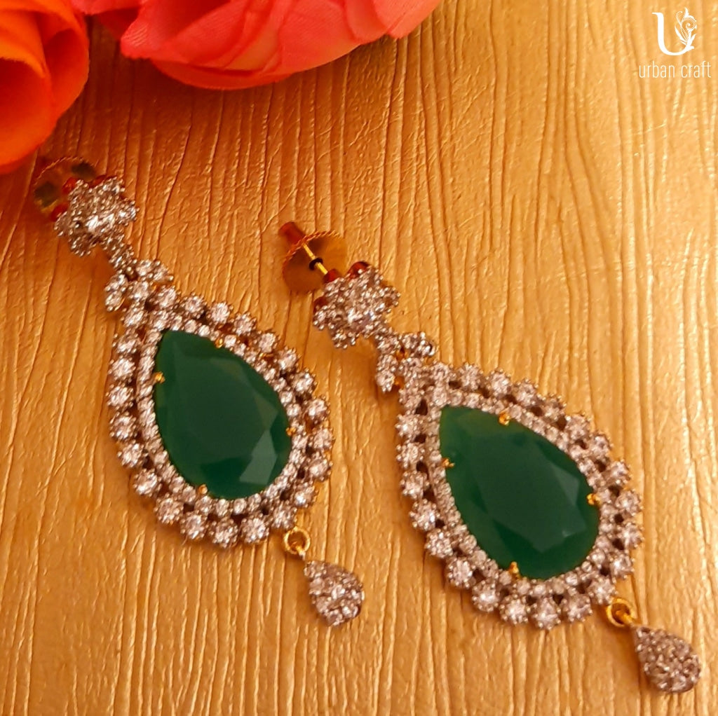 Diamond Drops With Emerald Center Earrings