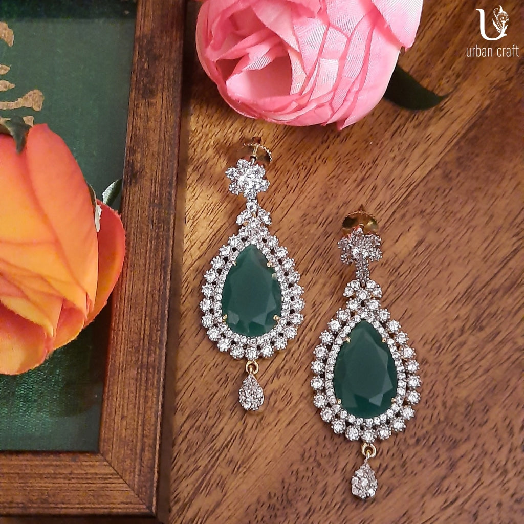 Diamond Drops With Emerald Center Earrings