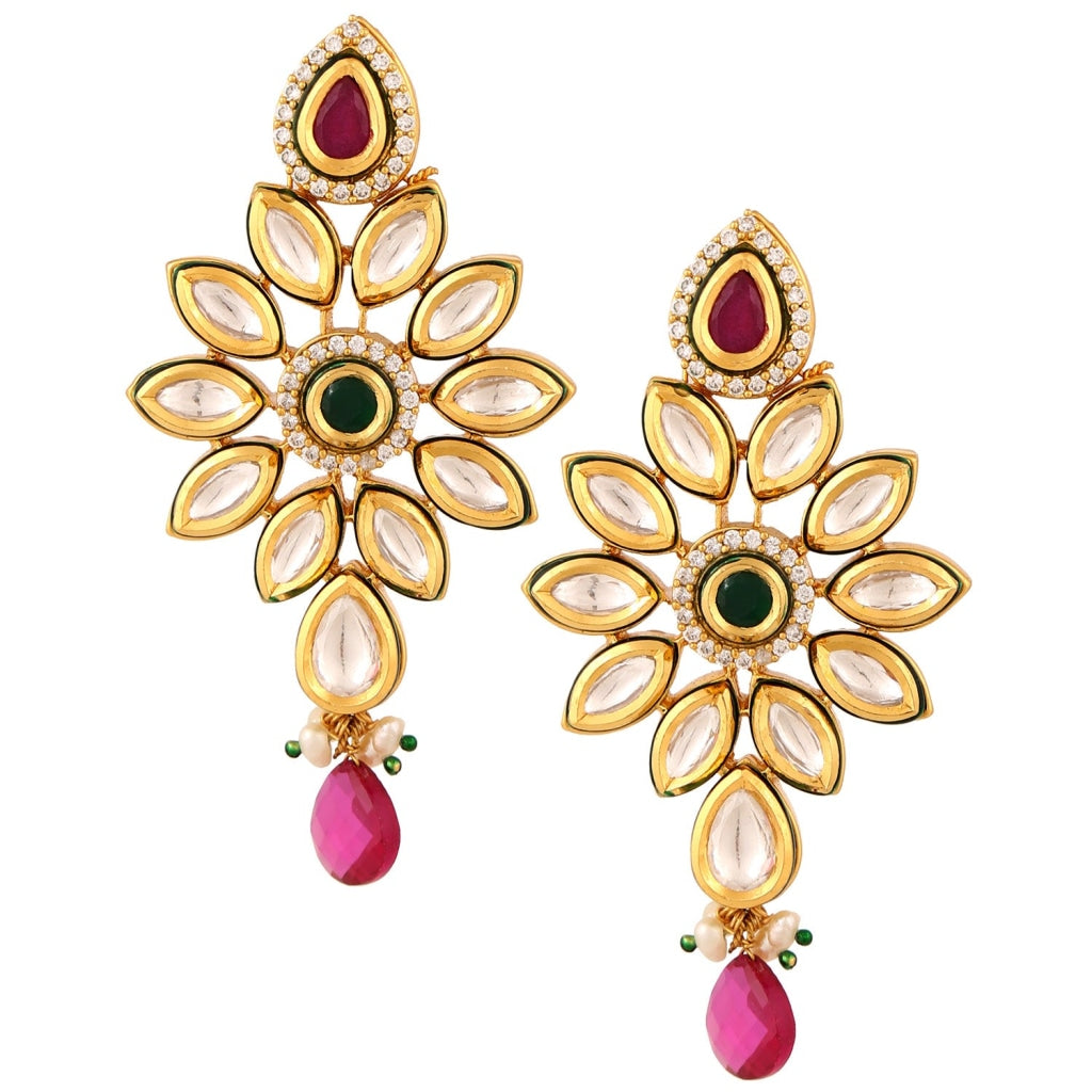 Kundan Earrings In Red-Green