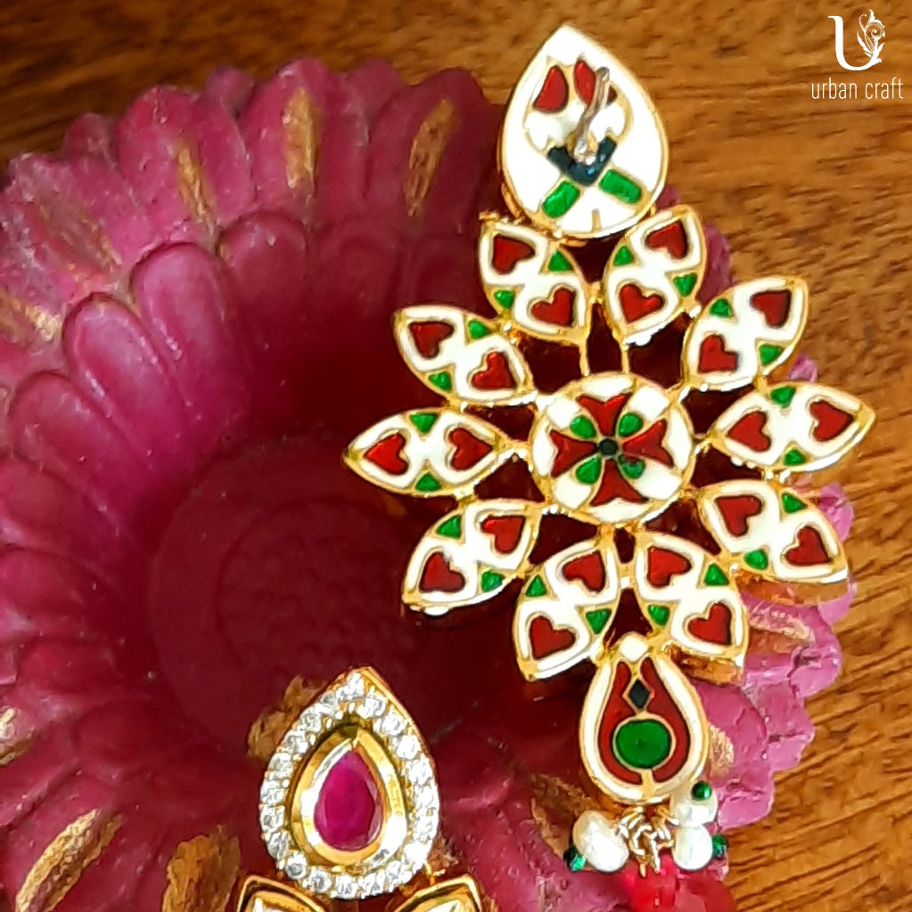 Kundan Earrings In Red-Green