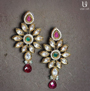 Kundan Earrings In Red-Green