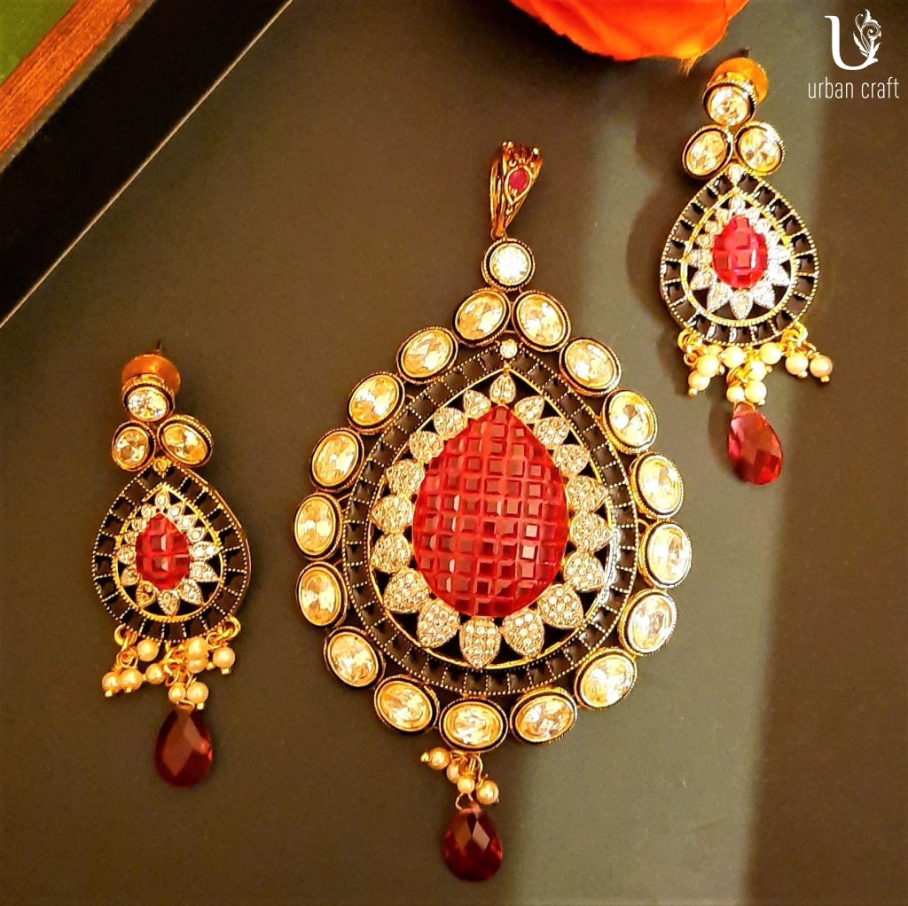 Ruby Embellished Pendant Set Jewelry